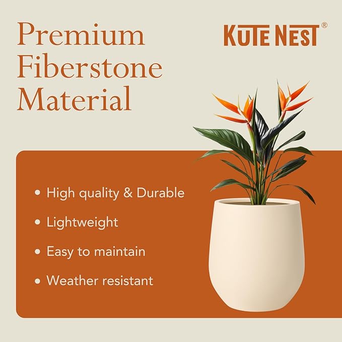 16.5" H x 15" D Premium Corso Fiberstone Round Tapered Planter with Drainage Hole, Smooth Finishes, Weather Resistant, Included 2 Extra Coco Mats (Kilim Beige, 11.5" Pot Opening)