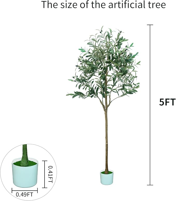 5FT Artificial Olive Tree,Artificial Plants Indoor,Faux Olive Tree Olive Trees Artificial Indoor with Natural Wood Trunk and Realistic Leaves and Fruits (5FT)