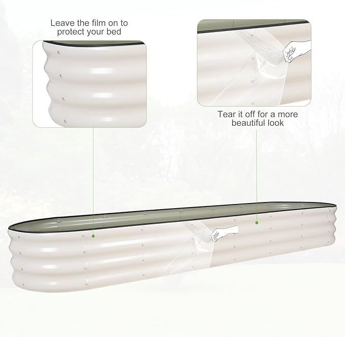 Galvanized Raised Garden Bed - 8x2x1FT Metal Planter Boxes Outdoor | Oval Steel Raised Bed Kit for Gardening with Protective Tape, Bracing Rods, Gloves for Vegetables, Flower, Herb (White)
