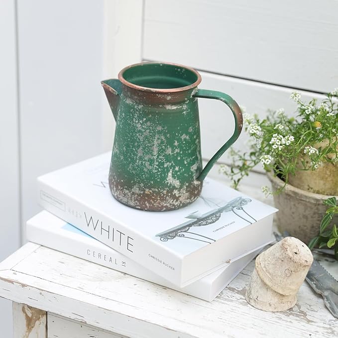 Vintage Pitcher Vase Rustic Farmhouse Vase for Flowers Vintage Metal Milk Jug Small Decorative Pitcher Shabby Chic Decor for Home, Kitchen, Bathroom, Green