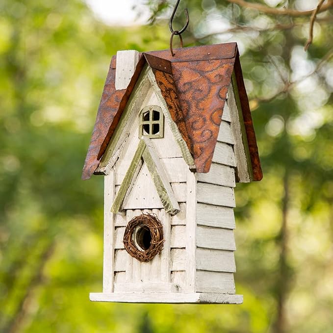 Glitzhome Bird Houses for Outside, 12" H Washed White Distressed Solid Wood Cottage Bird Nesting Box Hanging Bird House for Outdoors, Decorative Birdhouse for Bluebird Wren Sparrow Finch Cardinal