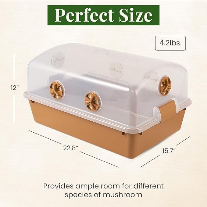 Premium Mushroom Monotub [XLarge, 68Q Grow Kit] Portable and Compact Fruiting Chamber with Filter Discs, Liner and Adjustable Air Vents, 22.8 x 15.7” x 12”, Brown