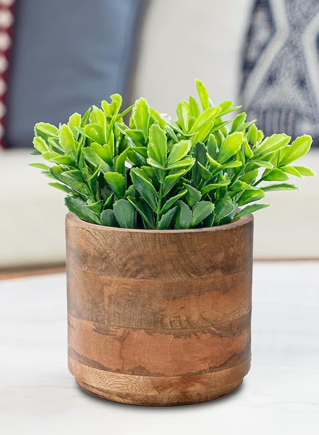 Serene Spaces Living Medium Mango Wood Cachepot – Natural Wooden Pot for Faux Flowers & Indoor Plants – Decorative Plant Holder for Home, Office, and Restaurant Decor – 6.5" Diameter & 6" Tall