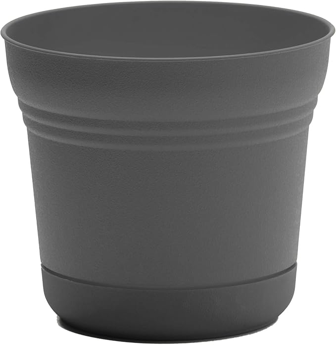Bloem Saturn 14" Charcoal Round Resin Planter Pot with Snap-in Saucer for Indoor and Outdoor Gardening