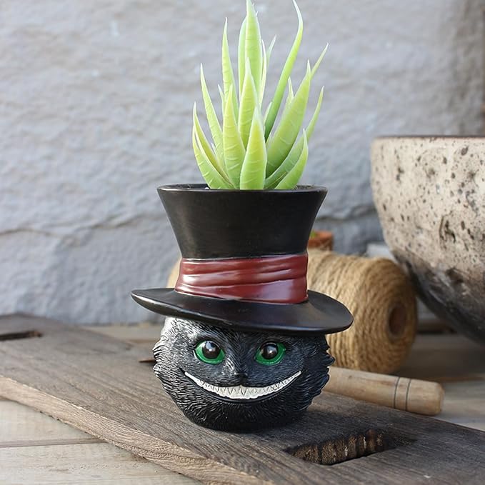 Unique Black Cat Head Little Planter Pot, Cute Succulent Indoor Flower Pot, Funny Novelty Resin Plant Flowerpot with Drain Hole, Cat Pen Brushes Holder, Lovely Desk Room Home Decor
