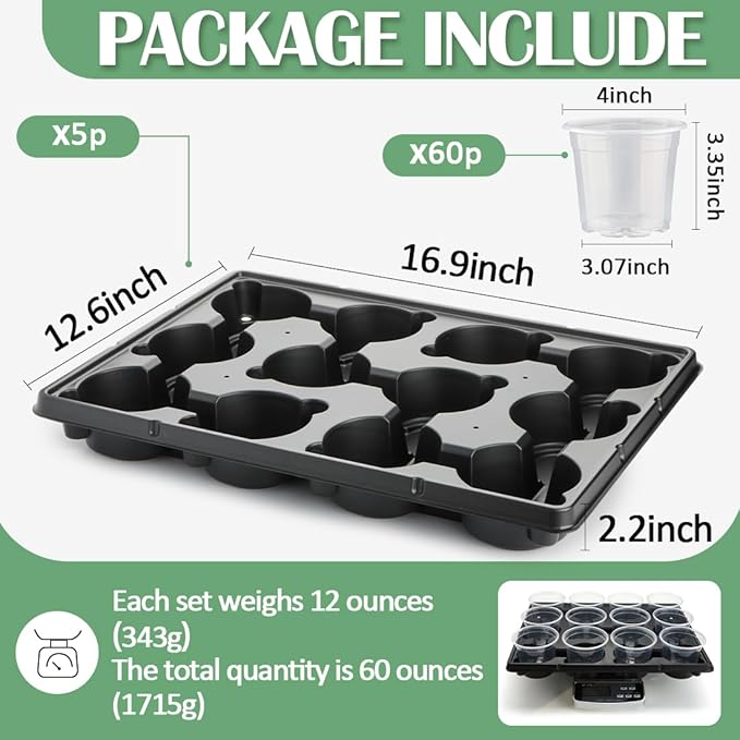 RooTrimmer 12 Cell Nursery Pot Trays 5 Pack with 4 Inch Clear Plant Pots 60 Pack, Thick Sturdy Seeds Starting Germination Shuttle Carrying Trays, Black Small Planter Nursery Propagation 5 Sets