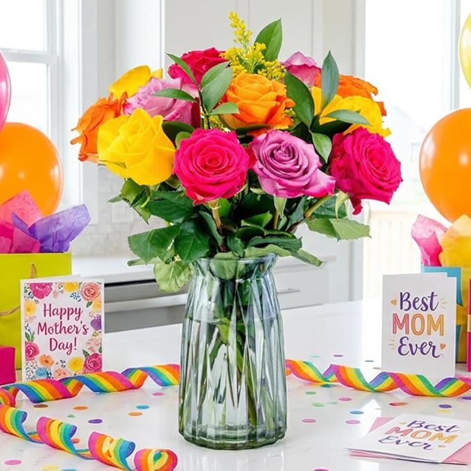 Benchmark Bouquets - One Dozen Long Stem Roses Bouquet Assorted Colors - Fresh Flowers for Delivery - Mothers Day Flowers - Mothers Day Gifts for Mom - Birthday Flowers for Women (Glass Vase Included)