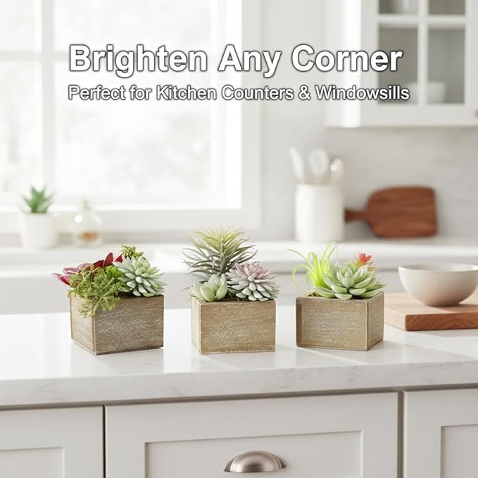 Succulent Plants Artificial, 3 Pack Small Fake Plants in Wood Pot for Home Decor, Farmhouse Artificial Plants Indoor for Living Room Bathroom Bedroom Office Kitchen Desk Wedding Coffee Table Decor