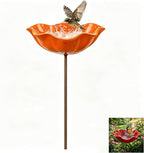 Handmade Metal Flower Garden Stake Bird Bath, Hummingbird Feeder, Bee & Butterfly Puddler, Mini Pollinator Watering Station for Garden Patio Lawn Yard Decor, Orange, 1PCS
