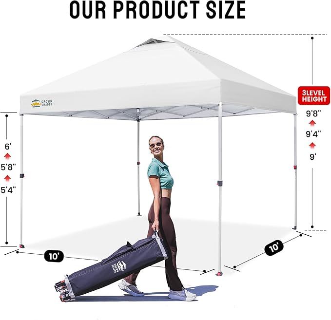 CROWN SHADES 10x10 Pop Up Canopy, Patented Center Lock One Push Tent Canopy, Newly Designed Storage Bag, 8 Stakes, 4 Ropes (10x10, White)