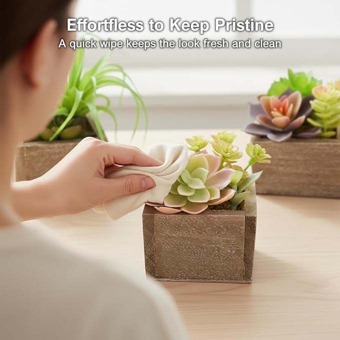Mingfuxin Artificial Succulents Indoor, Set of 3 Mini Potted Greenery in Rustic Wood Planters, Tabletop Accent for Office, Bathroom Shelf, No Watering