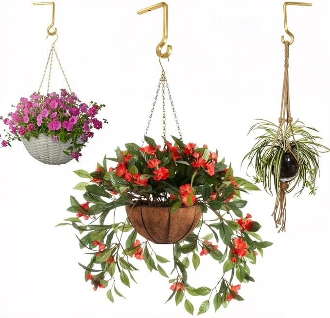 QIEGL Hanging Plant Bracket 6inch Al-Alloy Plant Hooks Gold-Anodized Shepherds Hook Decorative Wall Plant Hanger for Hanging Lanterns, Bird Feeder, Flower Basket, Home Decor Indoor & Outdoor 2 Pack