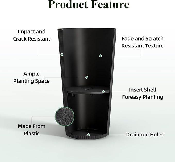23.6" H Tall Planters for Outdoor Plants, 2 Pack Large Outdoor Planters for Front Porch Decor with Drainage Hole, Plastic Striped Flower Pots Fits Indoor Plants Patio Garden, Black