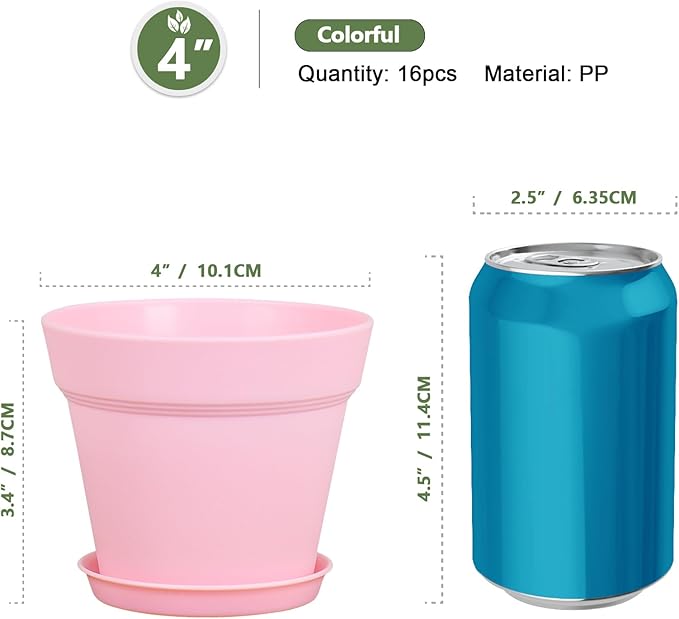 Meowell 4 inch Small Plastic Nursery Pots,16 Pack Plant Pots for Indoor Outdoor Plants, Flower Pots with Drainage Holes and Saucers, Decorative Seeding Starter Planters for House Plants, Colorful