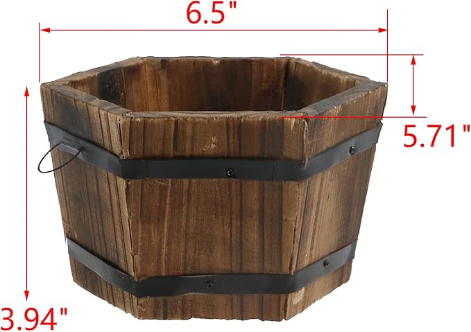 MY MIRONEY Plant Pots, Vintage Wooden Barrel Planter - Solid Rustic Garden Flower Pot with Metal Handles & Frame for Indoor Planter, Office Home Decor, Garden Home Plants, 6.5" x 3.94"
