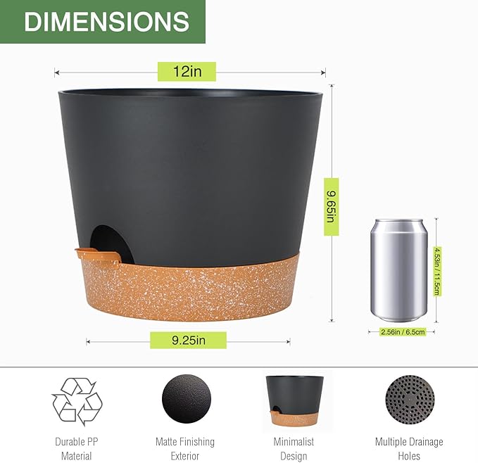 SwinDuck 12inch Large Self Watering Plant Pot, Plastic Cylinder Planter with 60Oz Deep Reservoir and Saucer for Indoor Outdoor Plants Flowers Houseplants, Black with Brown