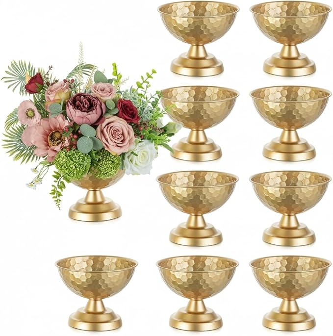 Sziqiqi Urn Vase Gold Centrepiece: 5.5in Small Vases for Wedding Table Decorations - Metal Flower Arrangement Pots Set of 10 - Vintage Honeycomb Vase for Party Reception Dinner Table