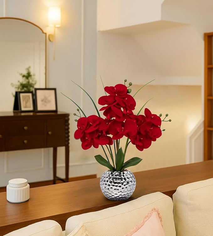 Briful Orchid Artificial Flowers 20'' Red Faux Orchid Flowers with Silver Vase Fake Phalaenopsis Silk Flowers for Home Office Dinning Room Kitchen Table Centerpiece Decor