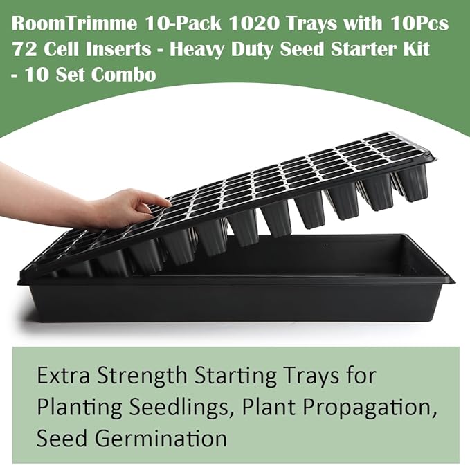 RooTrimmer 10 Pack 1020 Trays No Holes and 10 Pack 72 Cell Seed Starter Tray, 20" x 10" - Heavy Duty Reusable Plastic Seed Starter Kit for Microgreens, Seed Germination & Plant Propagation (10 Sets)