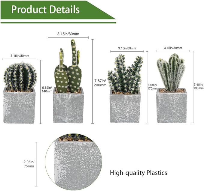 4Pcs Realistic Faux Cactus Set, Lifelike Resin Mini Cacti in Pots - No-Care Artificial Plants for Home Office Desk Decor, Shelf, Party - Durable, Easy Clean, for Plant Lovers