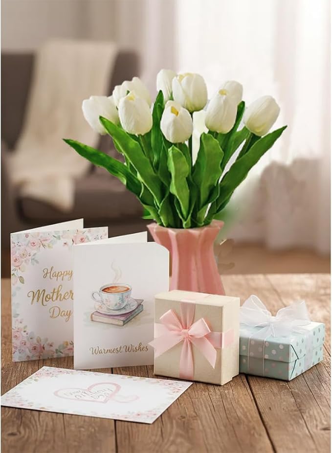 Mandy's White Artificial Tulips Flowers Centerpiece, 17.7" Lifelike PU Fake Floral Stems 6pcs for Kitchen Island & Dining Table, Spring Decor for Easter