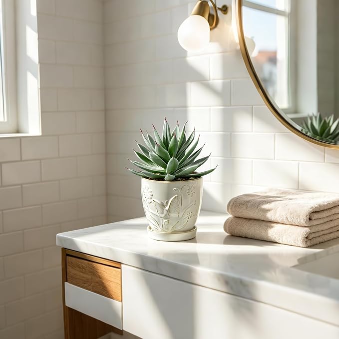 Briful Artificial Succulent Plant in White Ceramic Planter with Saucer, Small Fake Agave Plant, Faux Plant Indoor for Desk, Bathroom, Shelf, Office, Farmhouse Home Decor, 9 Inch