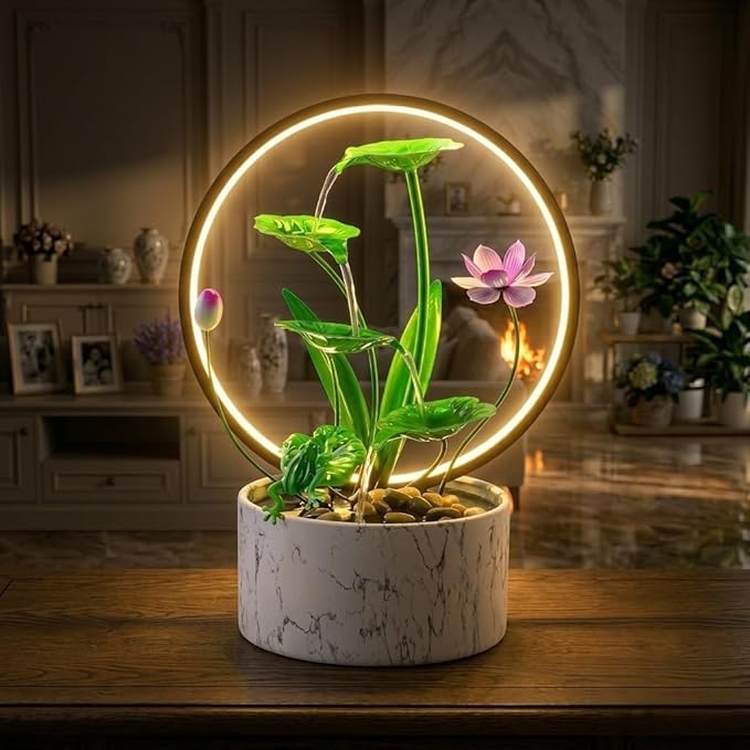 Qingyinge 15‘’H Green Small Water Fountain Indoor, Metal LED Light Relaxation Tabletop Fountain, for Meditation Yoga Spa Room Decor.
