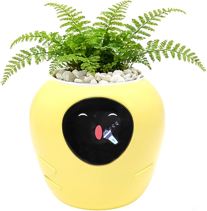 Smart Plant Pot with Expression, AI Intelligent Flower Pot for Indoor Decoration, Smart Garden Pot with Water/Light/Temperature Sensors, Ivy AI Planter (Yellow（Big）)