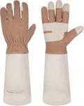 HANDLANDY Long Gardening Gloves for Men & Women, Thorn Proof Rose Pruning Gloves Leather Gauntlets Garden Glove Yard Work Glove (Warm Brown, Medium)