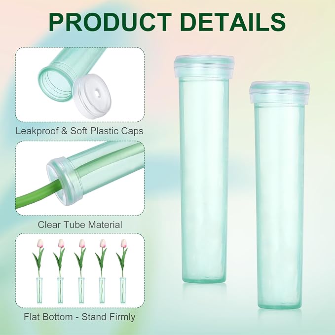 MECCANIXITY 28 Pcs Floral Water Tubes, 3 Inch Clear Flower Water Tubes Floral Vials with Plastic Caps for Fresh Flowers Arrangement Decor Milkweed Cutting Florist Supplies, Green