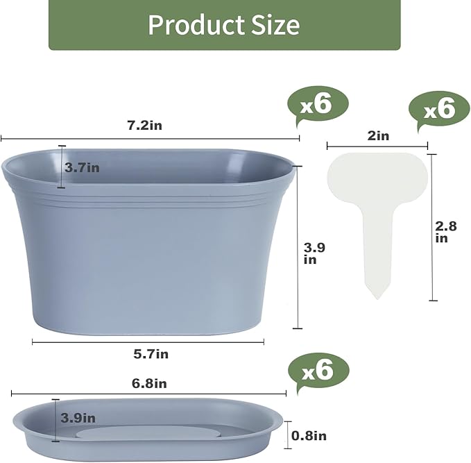 Oliz Windowsill Herb Garden Planter with Tray, Set of 6 Grey Oval Farmhouse Garden Pots for Indoor/Outdoor Plants (No Seeds)