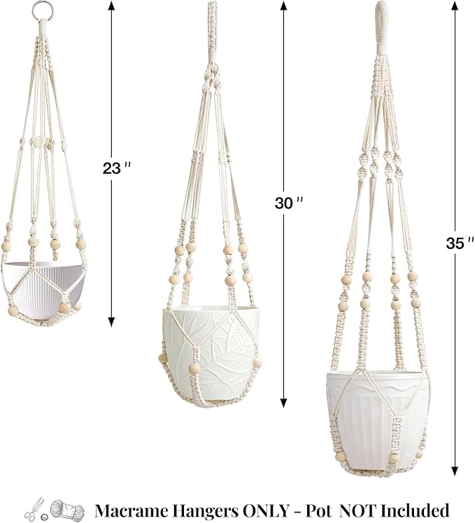 LEWESU 3 Pack Macrame Plant Hanger Indoor 3 Different Sizes Hanging Planter Basket Flower Pot Holder with Wood Beads & No Tassels for Boho Home Decor, 23, 30, 35 Inch, Ivory (Pot Not Included)