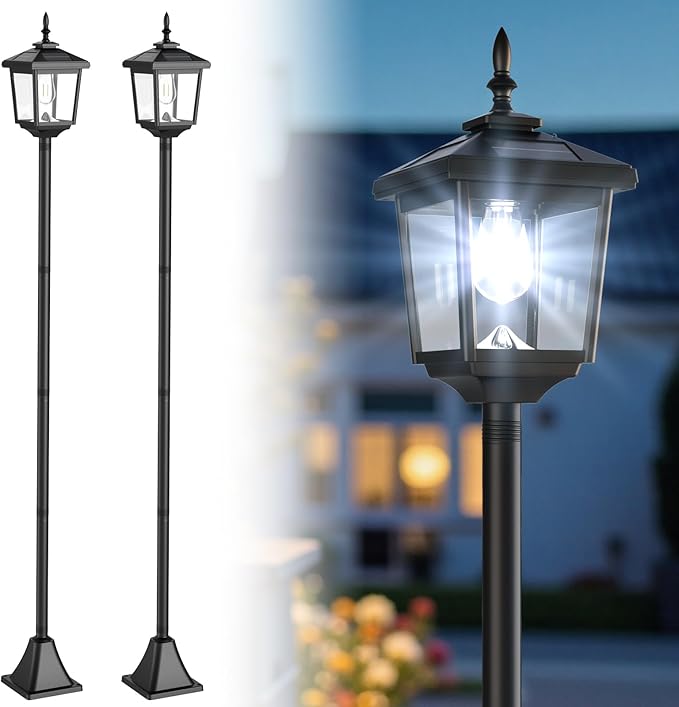 Greluna Solar Lamp Post Light Outdoor, Cool White, IP45 Waterproof Solar Post Lights Outdoor, Pole Lights Decorative Lamp for Yard Garden Patio Lawn Pathway Driveway Front/Back Door 2 Pack