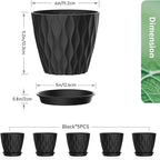 Meowell 6 inch Plant Pots, 5 Pack Flower Pots for Indoor Outdoor Plants, Water Ripples Plastic Planters with Drainage Holes and Saucers, Nursery Pots for Small Succulent Garden House Plants, Black