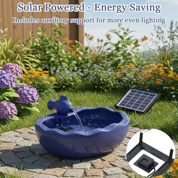 Solar Water Fountain, 11 inch Ceramic Koi Fountain, Blue Glazed Finish, Outdoor Solar Garden Fountain, Solar Powered Fountain for Garden, Tabletop, Balcony, Patio, Deck