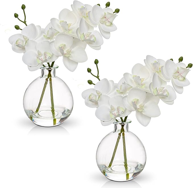 Oairse White Orchids Artificial Flowers Faux Orchid Arrangement with Clear Glass Vase Set of 2 Real Touch Phalaenopsis Orchid Flowers Orchid Centerpiece for Dining Room Table