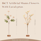 Alupssuc 16PCS Faux Silk Pompon Mums Artificial Flowers with Eucalyptus, Fake Chrysanthemum Floral for DIY Vase Arrangement, Long Stem Dining Table Centerpiece Home Decor, Beige