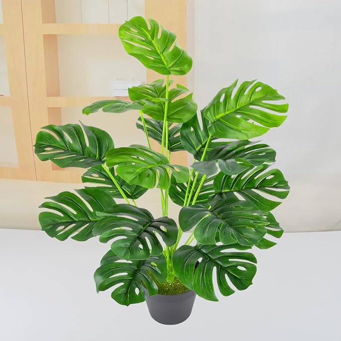 Artificial Shrubs Plant, CATTREE Fake Tropical Palm 2 Pack Taro Leaves Faux Greenery Bushes Realistic Monstera Farmhouse Plants for Home Kitchen Garden Bathroom Bedroom Decor Outdoor Indoor Decoration