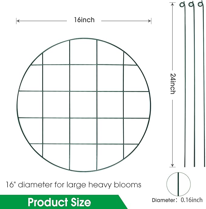 Sekcen 3 Pack 16 x 24 Inch Peony Support Cage Grow Through Plant Supports for Outdoor Plants Peony Ring Hoop Grow Through Grid Stakes