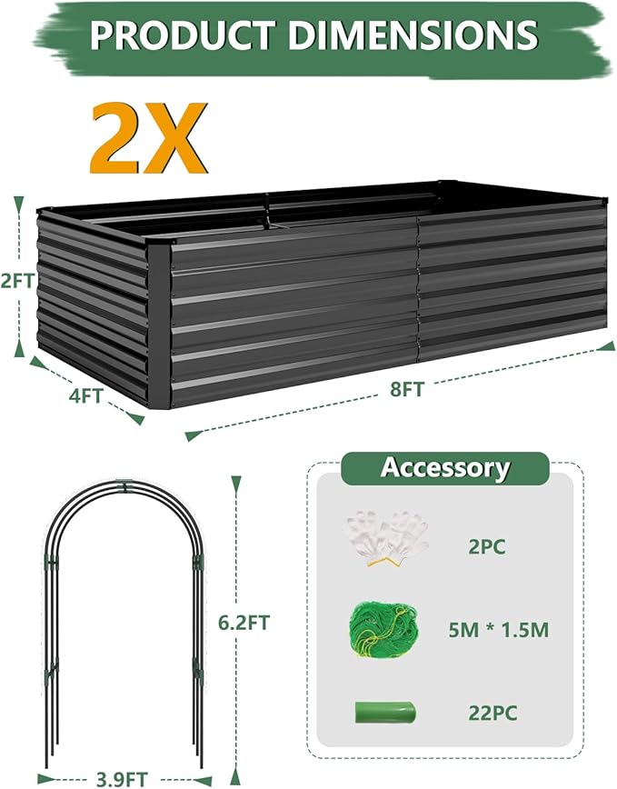 FOOWIN Raised Garden Bed with Arch Trellis for Climbing Plants,Galvanized Raised Garden Bed,Planter Boxes Outdoor for Vegetables Flowers Herb,478 Gallon Capacity Black