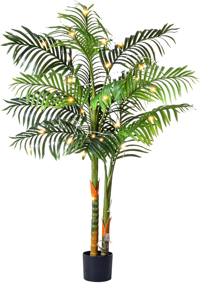 5FT Artificial Palm Tree Tall Plant with Planter & Moss, Realistic 2-Trunk Artificial Tree with Lights, Lifelike Leaves Fake Palm Tree, Low Maintenance Palm Tree Decor for Home Office Living Room