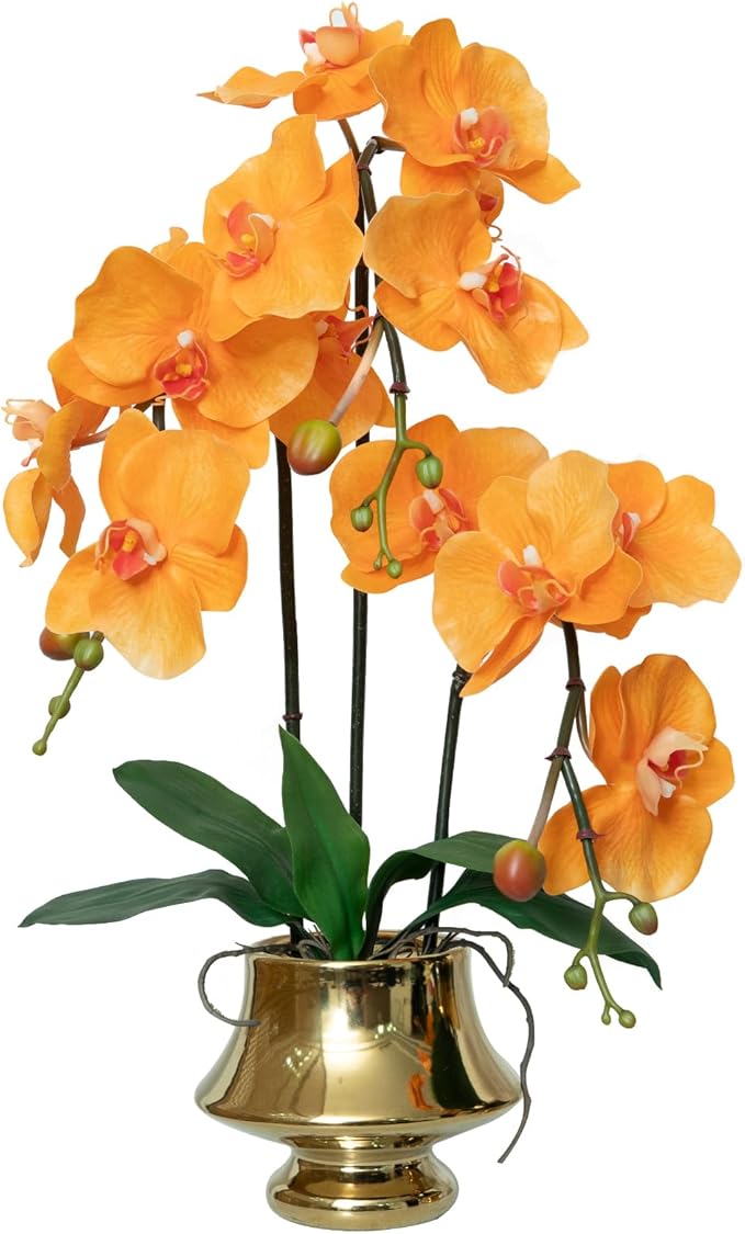 CXGS Orchids Artificial Flowers Realistic Fake Flowers in Ceramic Vase 20" Orange Faux Plants Indoor Lifelike Soft PU Phalaenopsis for Centerpiece Hotel Home Decor