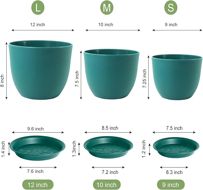 WSMKSZ Large Flower Pots 12/10/9 inch, Set of 3 Modern Decorative Plastic Planters with Drainage Holes and Saucers for House Plants, Plant Pots for Indoor Outdoor Plants, Blue Green