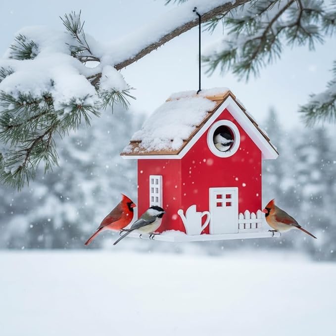 2026 Vinyl Water Proof Bird House for Outside, Shingle Roof Bluebird House Nesting Box, Squirrel Proof Hanging Birdhouse, 5 Years Weatherable for Outdoor Decoration,Bird Box for Pole (Red)