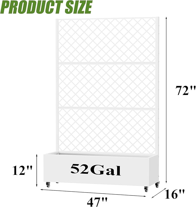 Casaphoria Metal Raised Garden Bed with Trellis and Wheels, 72"x47"x16" Arched Planter Box for Climbing Plants, Vegetables & Vines, Features Drainage Holes and Privacy Screen, White-Rhombus