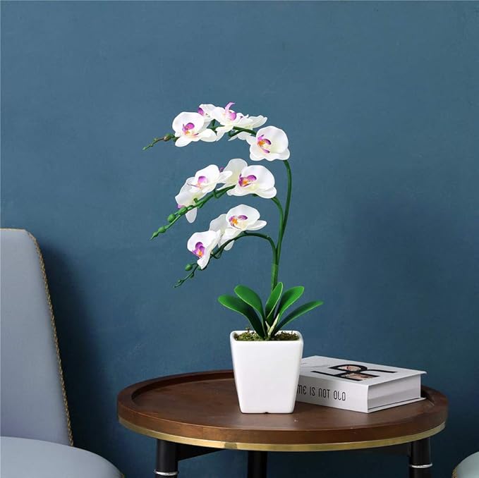 15" Tall Artificial Silk Phalaenopsis Orchid Flower Plant Pot Arrangements (White)