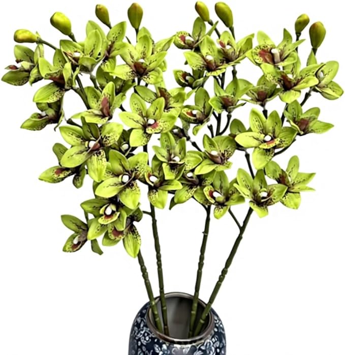 4pcs Green Cymbidium Orchid Flower 10 Heads Artificial Fake Latex Phalaenopsis Flowers for Wedding Centerpieces Home Hotel Floral Arrangment Decor (Green)