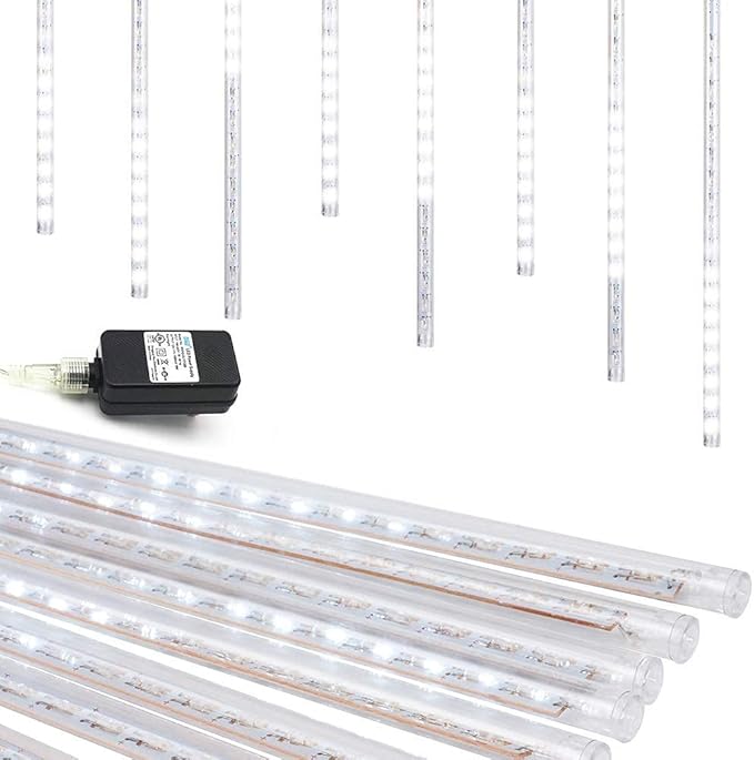 Weepong Christmas Lights Outdoor UL Certified Meteor Shower Lights 12 Inch 8 Tubes 192 LED Falling Rain Drop Icicle Snow Cascading Light for Xmas Tree Wedding Party Garden Decoration, White