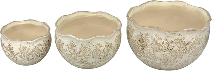 Galt International Ceramic Plant Pots Set of 3 Rustic Vintage Farmhouse Cream Crackle Glaze (11"/ 9.6"/ 7") Garden Indoor Outdoor Flower Planter w/Drainage Hole (Vintage Brown)
