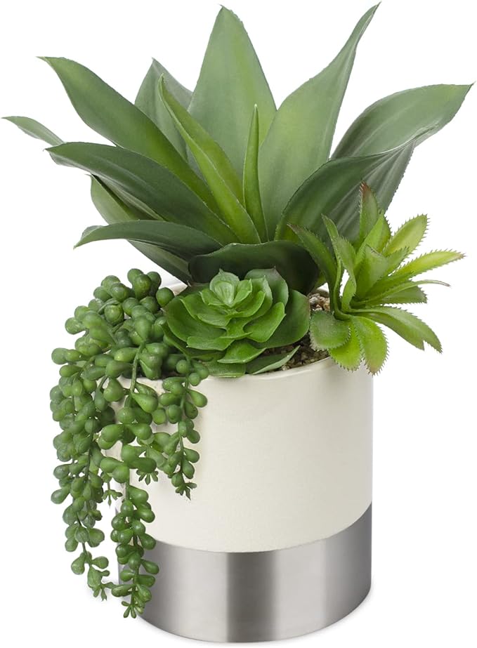 Hollyone Large Artificial Succulents Plants Faux Succulents 12" Fake Succulent Plants in Sliver Ceramic Pot Succulent Plant for Desk Modern Home Living Room Office Table Shelf Decor